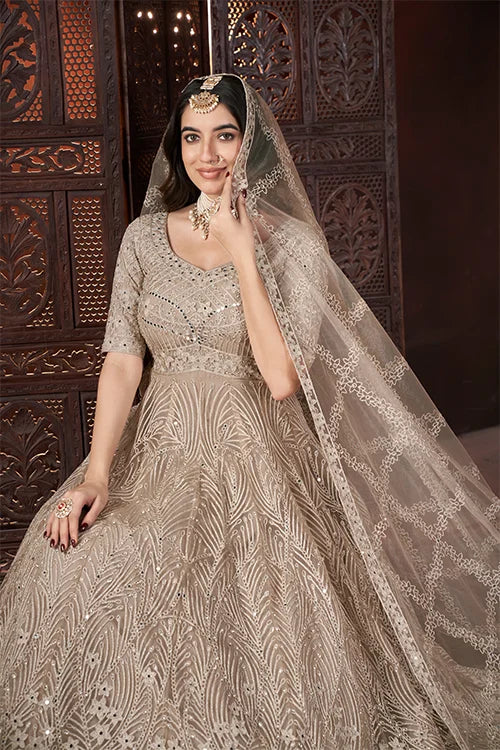 Beautiful Chiku Embroidered Net Reception Wear Gown With Dupatta