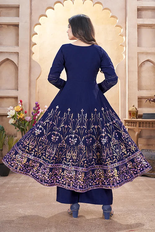 Navy Blue Multi Color Foil Work Wedding Salwar Suit