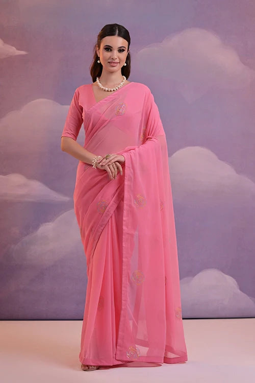 Stylish Pink Designer Saree with Sequins & Lace Work