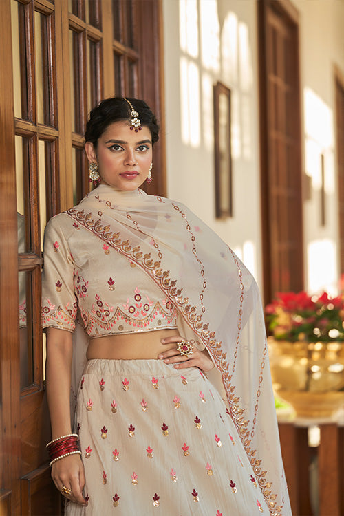 Beige Sequins Embroidered Lehenga Choli with Mirror Work