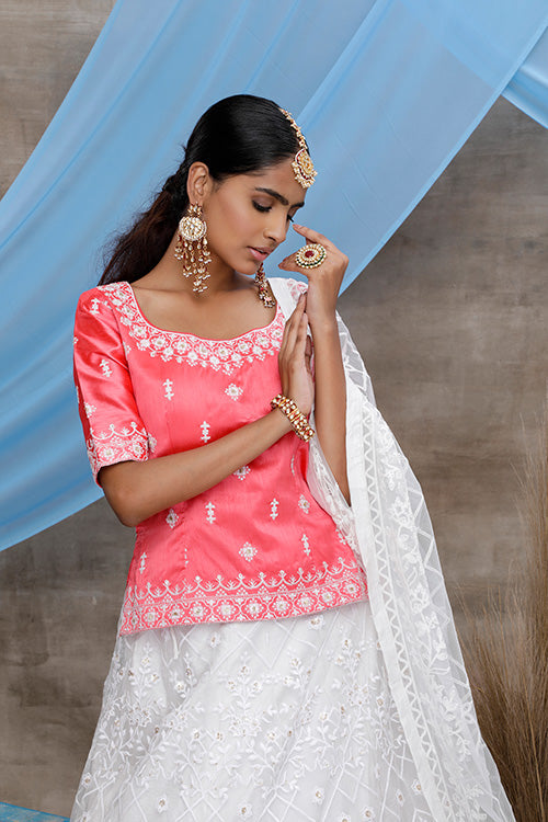 White Net Thread Embroidered Lehenga Choli Online