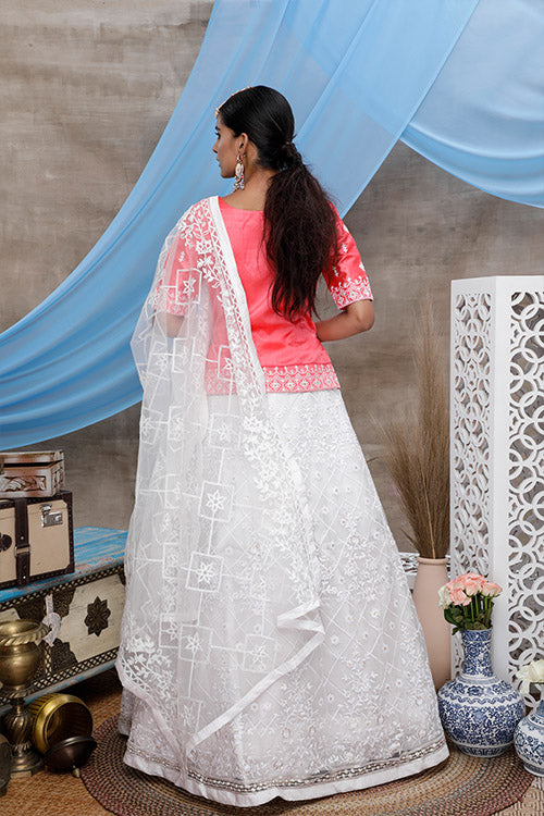 White Net Thread Embroidered Lehenga Choli Online