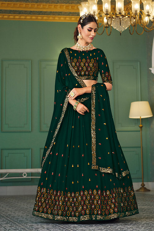 Exclusive Green Color Thread With Sequins Embroidered Work Lehenga Choli
