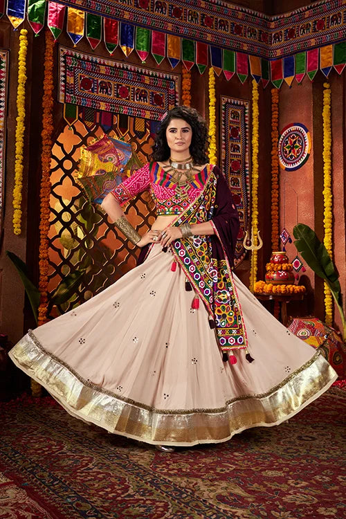 Navratri Special Beige Mirror Work Chaniya Choli