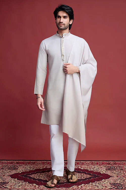 Designer Beige Kurta Set for Men with Mirror Work