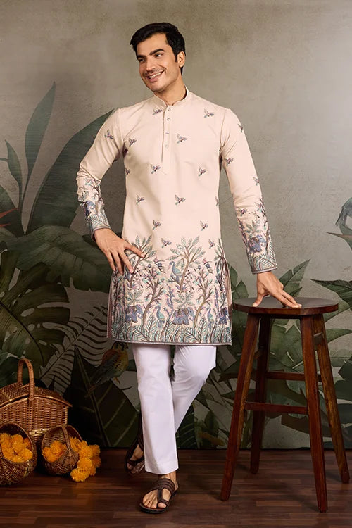 Beige Embroidered Work Beautiful Kurta for Men