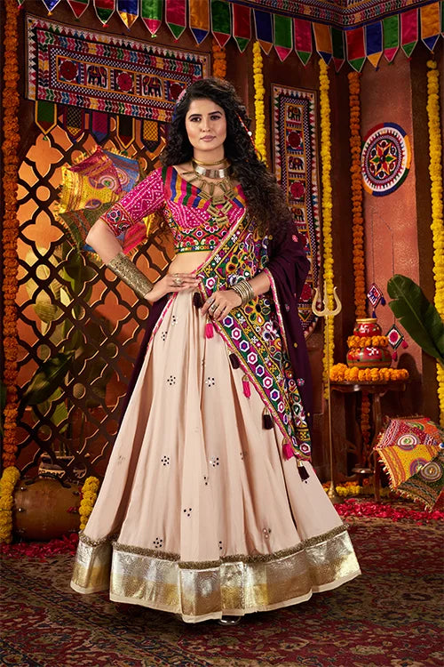 Navratri Special Beige Mirror Work Chaniya Choli