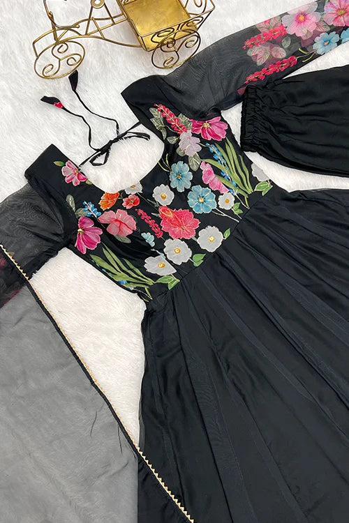 Beautiful Black Organza Anarkali Gown with Dupatta