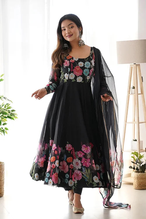 Beautiful Black Organza Anarkali Gown with Dupatta