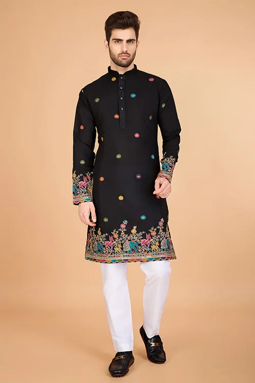 Black Designer Viscose Silk Kurta with Thread Work