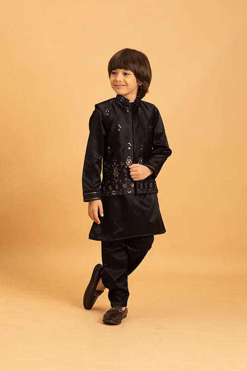 Traditional Black Mirror Work Koti Kurta Set for Boys
