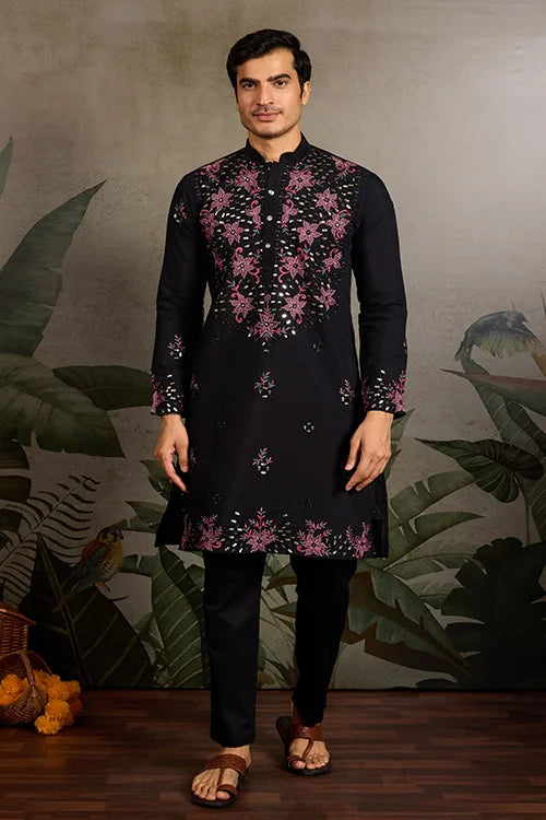 Black Mirror Work with Embroidered Kurta Set for Men
