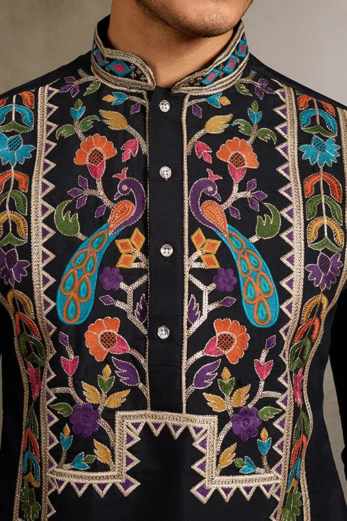 Designer Black Embroidered Mens Kurta for Wedding