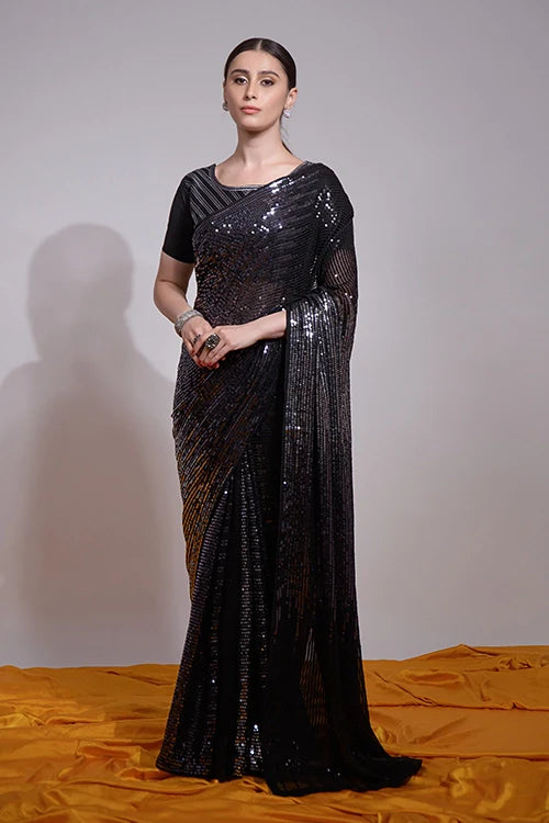 Black Georgette Saree with Embroidered Blouse Online