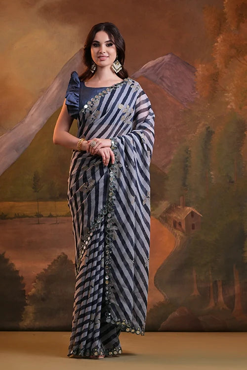 Black Georgette Saree with Leriya Print & Mirror Work