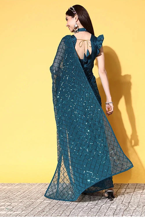 Stylish Petrol Georgette Saree for Weddings