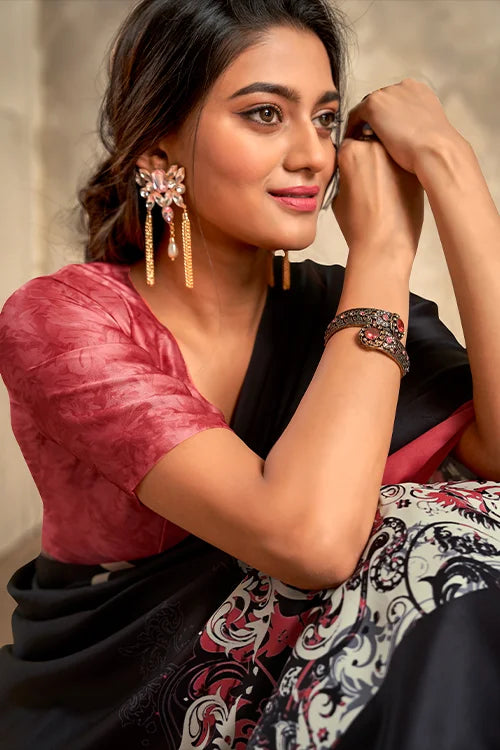 Jasmin Satin Crape Printed Saree With Blouse At Shubhkala