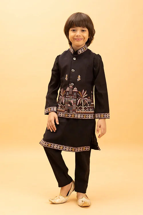 Premium Black Koti Kurta Set for Kids Boys 6-12 Years