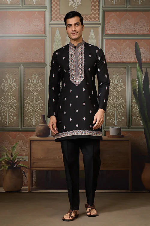 Black Mens Kurta with Stylish Koti for Wedding Wear