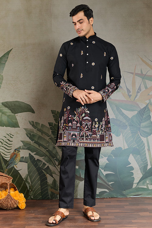 Traditional Black Color Embroidered Kurta Pajama Set For Men