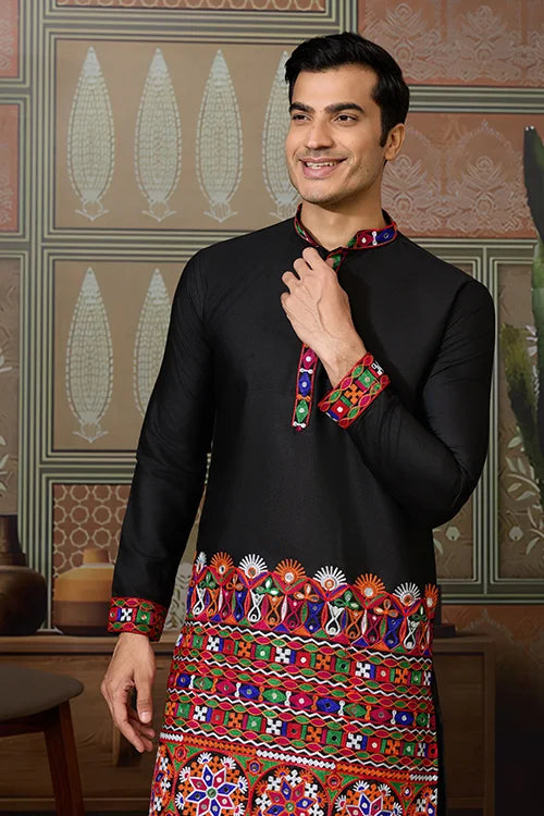 Black Cotton Silk Traditional Ready Kurta for Navratri