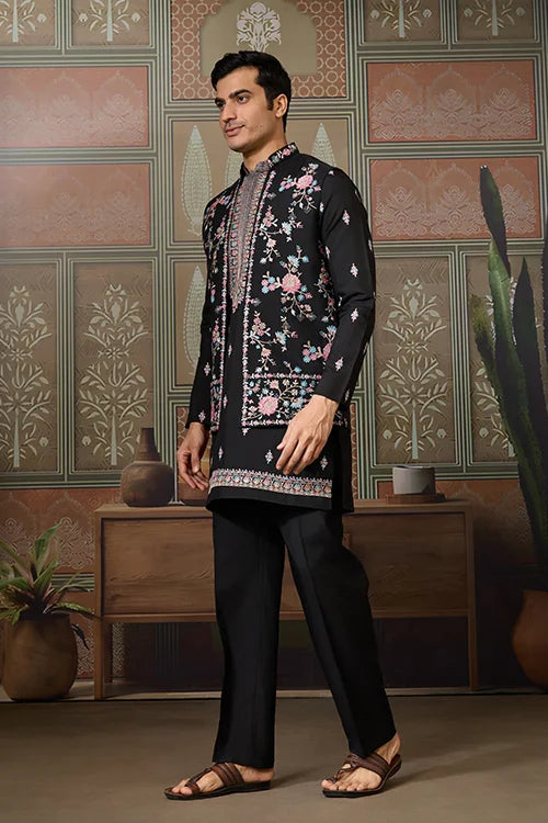 Black Mens Kurta with Stylish Koti for Wedding Wear