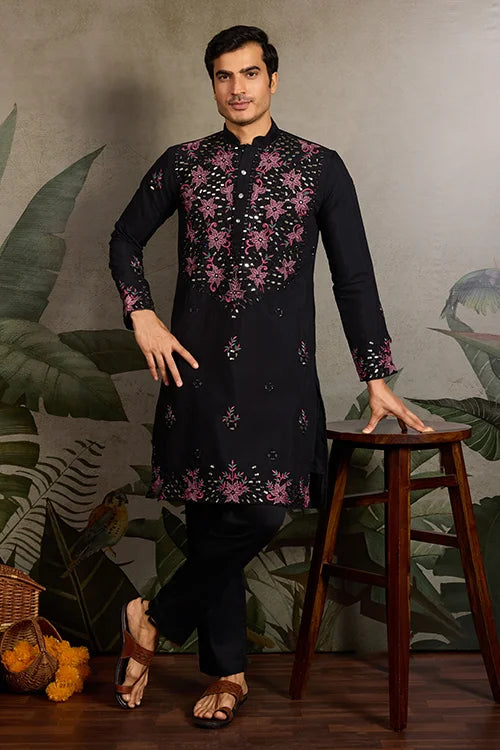 Black Mirror Work with Embroidered Kurta Set for Men