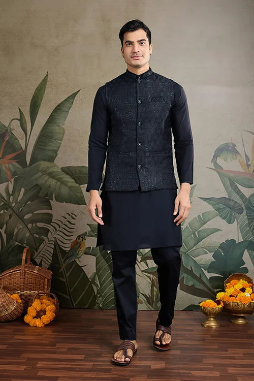 Black Roman Silk Kurta with Jacquard Koti Jacket