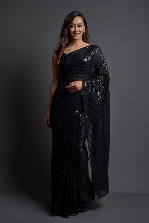 Bollywood Designer Black Georgette Silk Saree Online