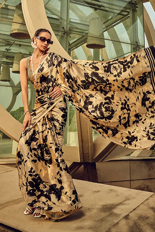 Elegant Black Satin Crepe Digital Printed Saree Collection