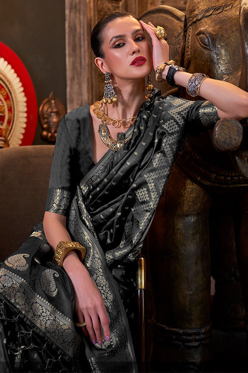 Luxury Wedding Collection Black Satin Handloom Silk Saree