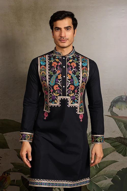 Designer Black Embroidered Mens Kurta for Wedding