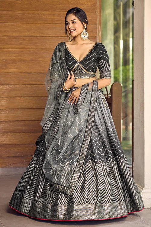 Black Thread Embroidery Lehenga Choli with Dupatta