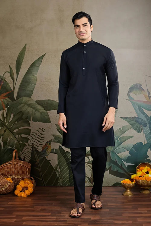 Black Roman Silk Kurta with Jacquard Koti Jacket