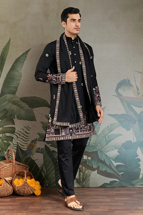 Classic Black Kurta Pajama for Men with Rich Embroidery