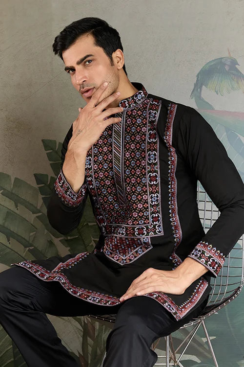 Designer Premium Embroidered Black Silk Kurta for Men