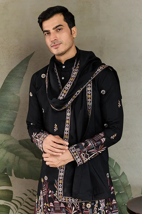 Classic Black Kurta Pajama for Men with Rich Embroidery