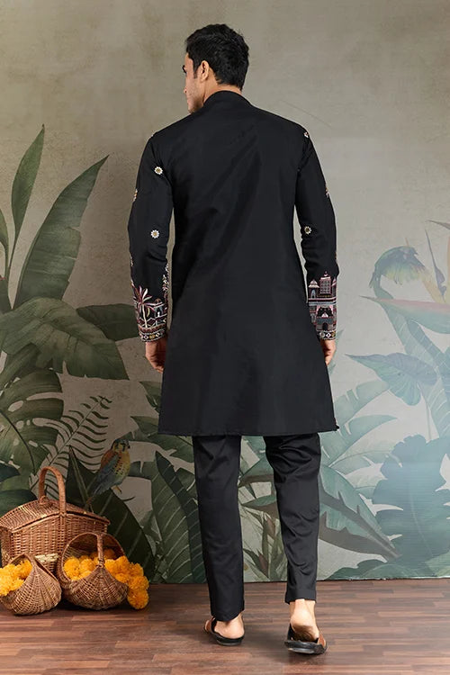 Classic Black Kurta Pajama for Men with Rich Embroidery