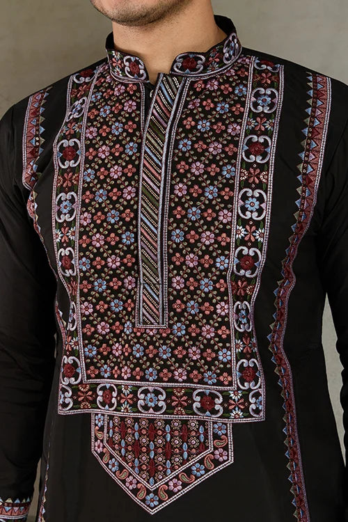 Designer Premium Embroidered Black Silk Kurta for Men