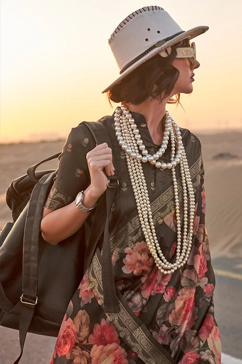 Floral Printed Tussar Silk Saree With Fancy Blouse Piece At Shubhkala