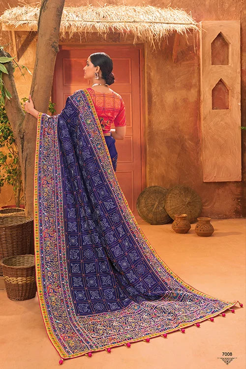 Blue Mirror Work Banarasi Silk Saree for Weddings At Shubhkala