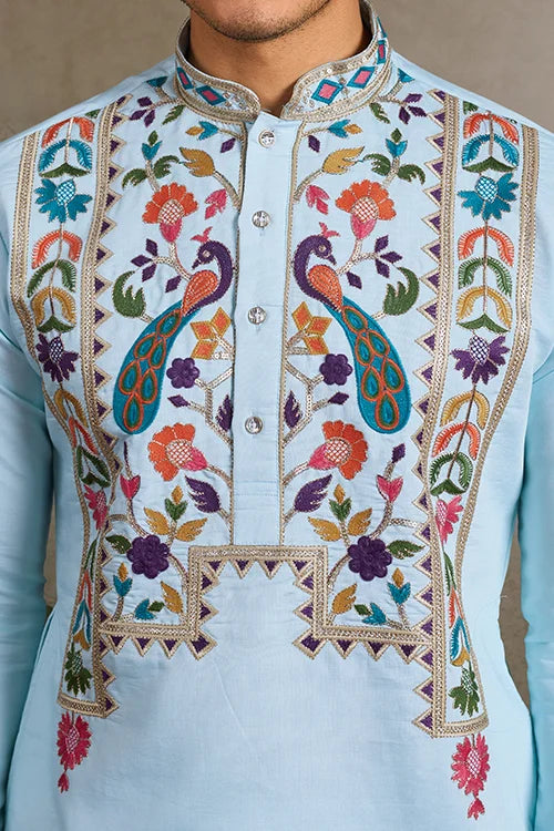 Premium Sky Blue Embroidered Mens Kurta For Celebrations