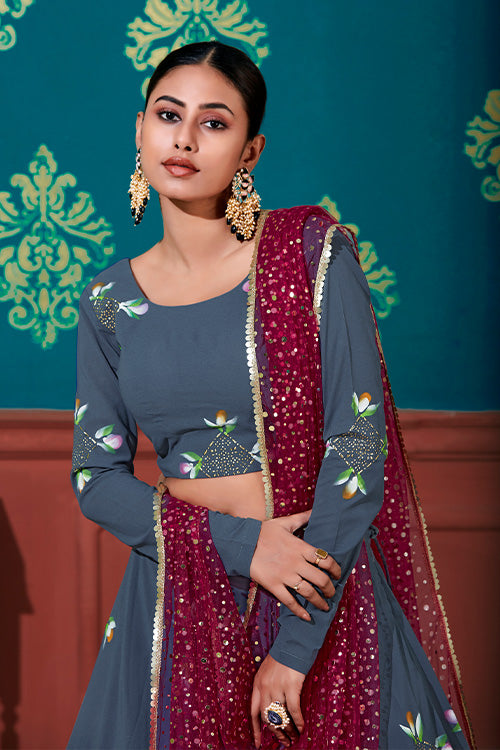 Blue Georgette Pigment Foil Printed Work Lehenga Choli