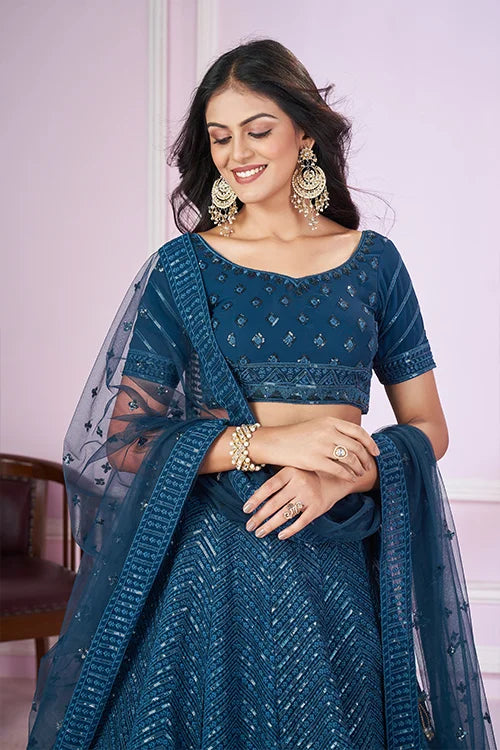 Stylish Blue Georgette Lehenga Choli with Net Dupatta