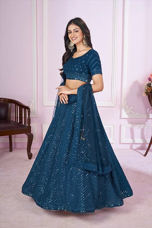 Stylish Blue Georgette Lehenga Choli with Net Dupatta