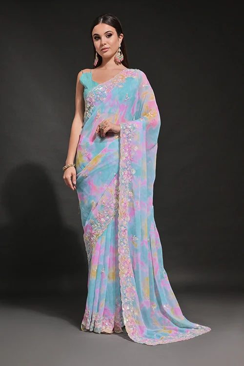 Blue Georgette Saree with Sequins Embroidery Work