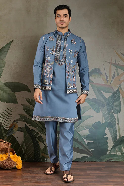 Blue Gray Open Koti Style Full Kurta Pajama Set for Men