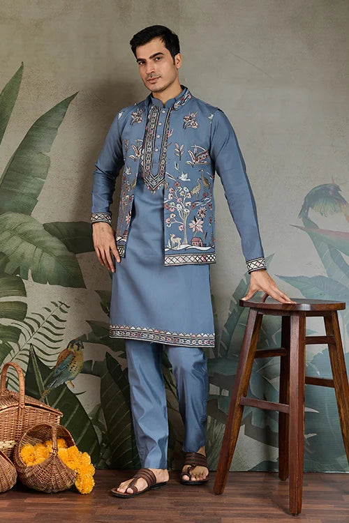 Blue Gray Open Koti Style Full Kurta Pajama Set for Men