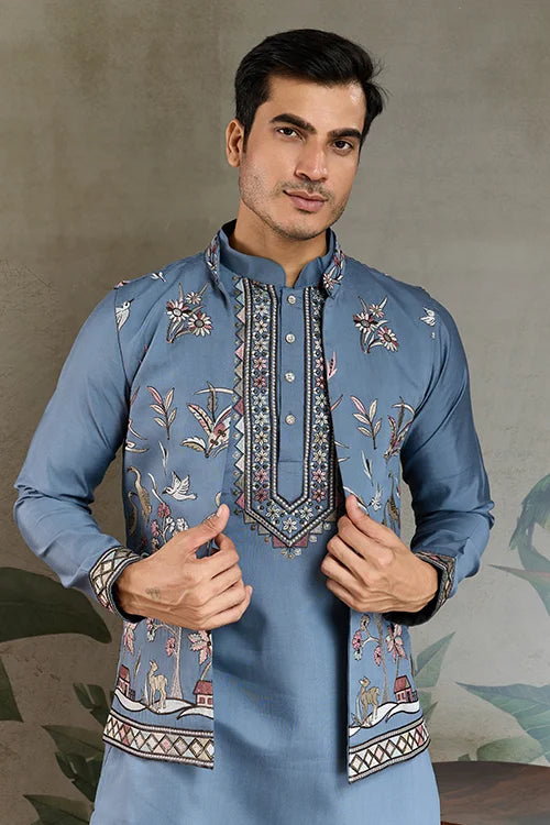 Blue Gray Open Koti Style Full Kurta Pajama Set for Men