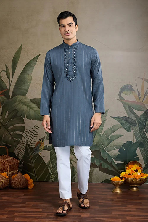 Diwali Special Blue Grey Viscose Silk Kurta with Mirror Work